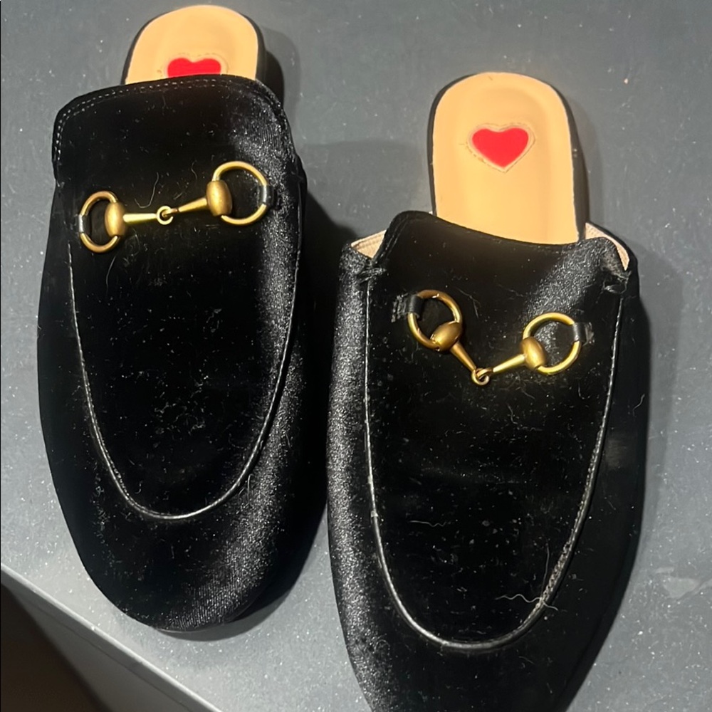Black Velvet mules with Gold buckle. Size 8.5. Like new!
